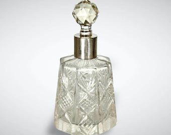 Cut Glass Perfume Bottle with Sterling Silver Collar.