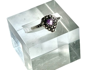 Vintage Silver Heart Ring with Purple Stone & Marcasite - Size 4 3/4.