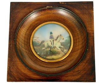 Antique Miniature Painting Equestrian Portrait, Convex Glass Framed Artwork.