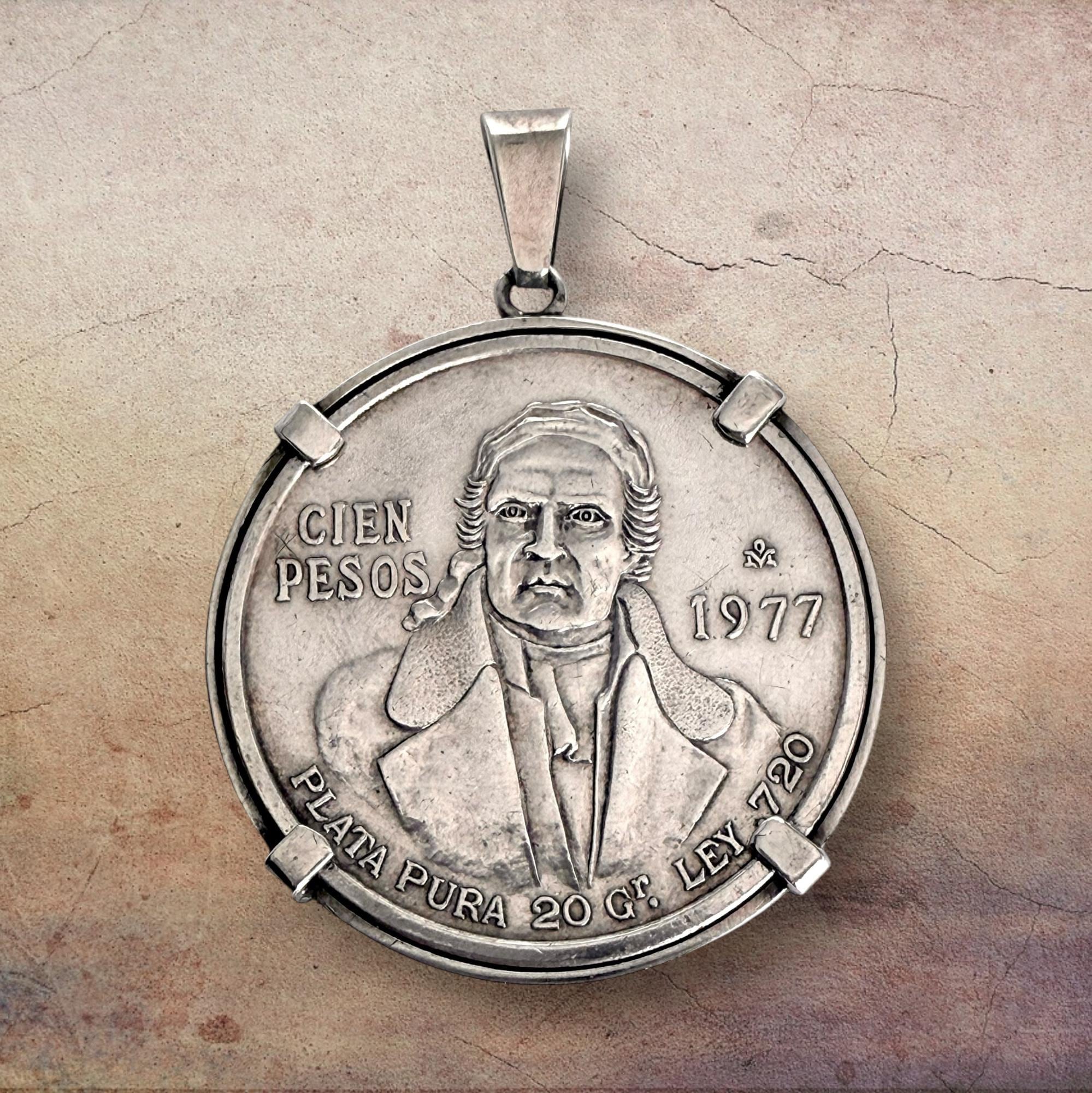 Vintage silver Mexican coin pendant, 100 pesos 1977