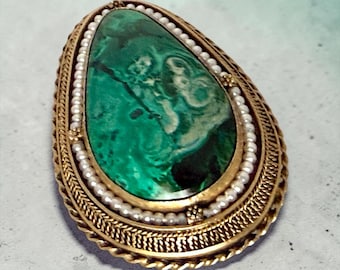 Vintage Big Eilat Stone Brooch Pendant Gilt Silver with seed Pearls