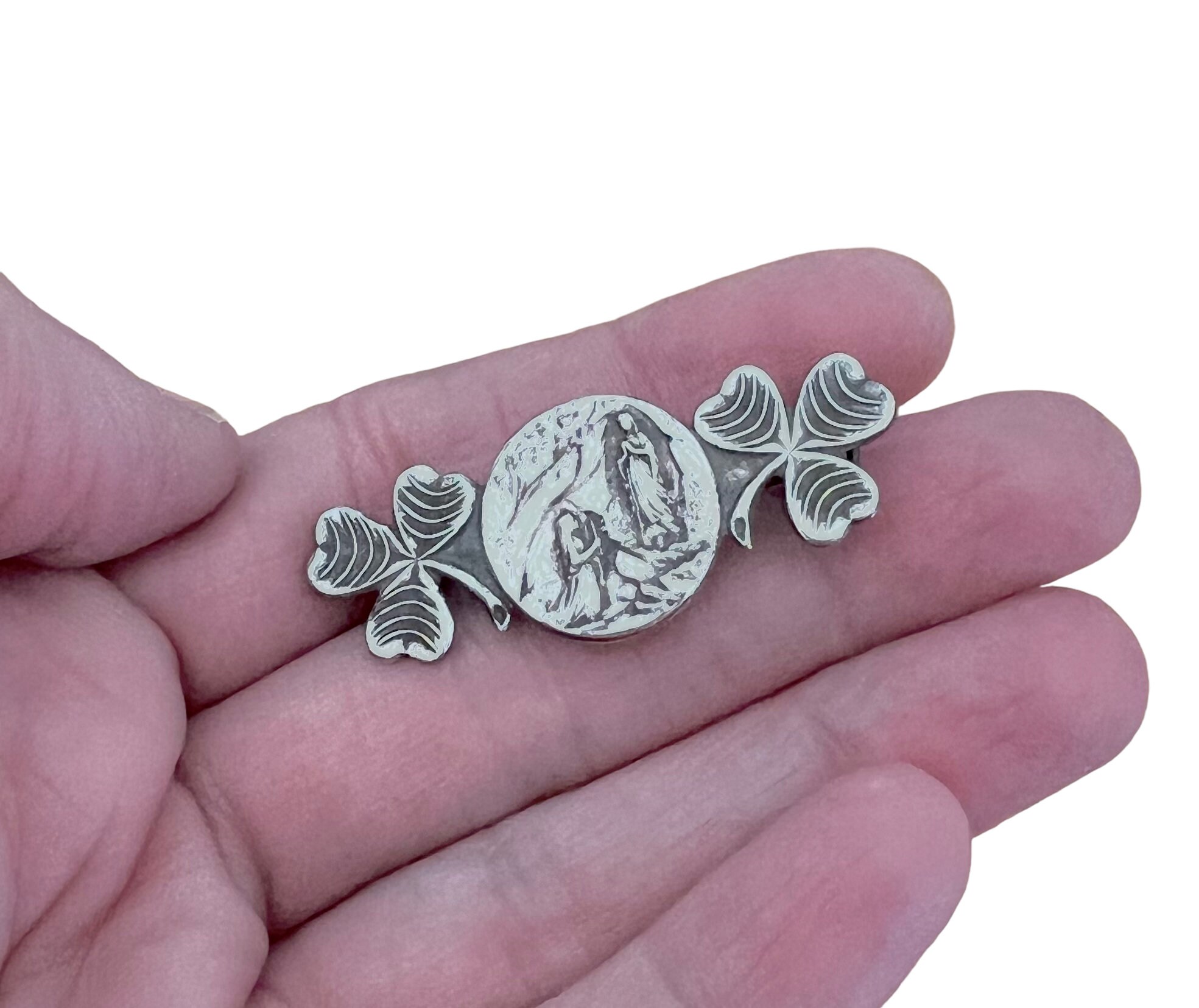 Broche Ancienne Médaille ND De Lourdes En Argent - Vierge Marie, Bijou Vintage 923, Bon état "dans Son Jus"