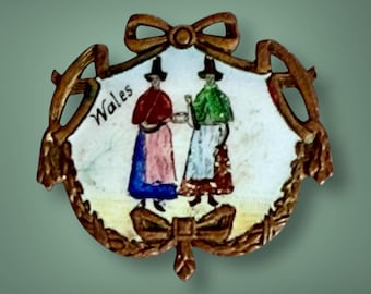 Antique brooch with hand painted enamel souvenir from Wales