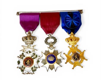 Belgian Medal Bar with three medals, Vintage Belgian Orders & Decorations