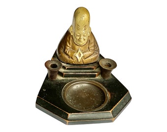 Vintage desktop wood inkwell with the figure of a wise mythological Chinese god