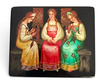 Vintage Fedoskino Lacquer Box Russian Miniature Three Maidens Soviet Hand Painted Trinket Box with Original Label