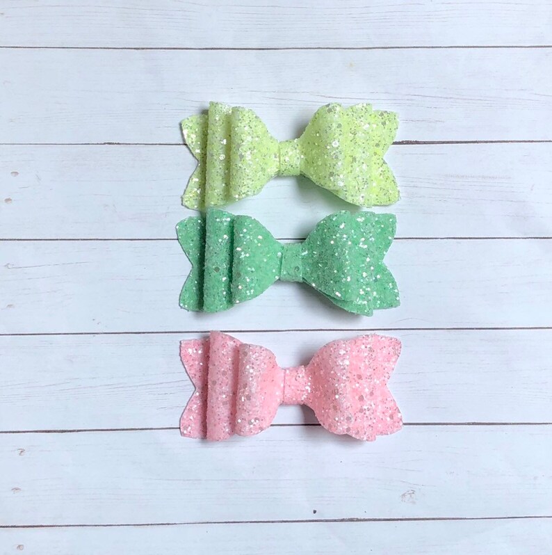 neon green hair bow summer hair bow, neon pink hair bow Girl headband stacked large sequin hair bow Large faux leather glitter hair bow