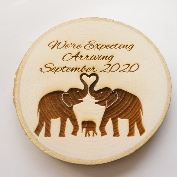 Custom Elephant pregnancy announcement wood slice ornament or magnet, personalized we're expecting month/ year baby shower photo prop