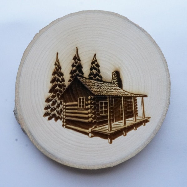 Log cabin wood slice Christmas ornament or magnet, laser engraved home decor, can be personalized