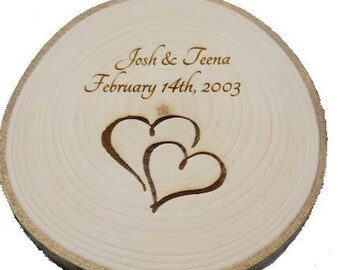 Custom wedding names and date wood slice ornament, magnet, or photo prop, personalized anniversary keepsake, laser engraved Valentine's gift