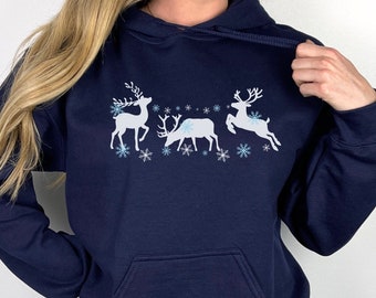 Reindeer Snowflake Hoodie, Winter Holiday Sweatshirt