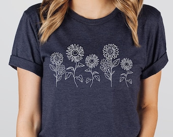 Sunflower Graphic Tee, Floral Line Art, Summer T-Shirt