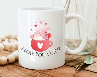 Taza de San Valentín con gnomo, "Te amo, un café con leche", taza de cerámica con corazón rosa