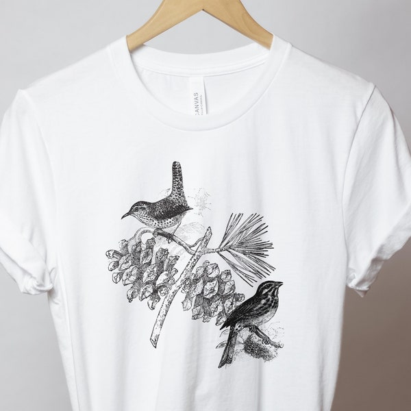 Bird Shirt, Birds on Pine Branch Tree T-shirt, Ladies Nature Tee