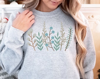 Winter Floral Sweatshirt, Cozy Crew Neck Pullover
