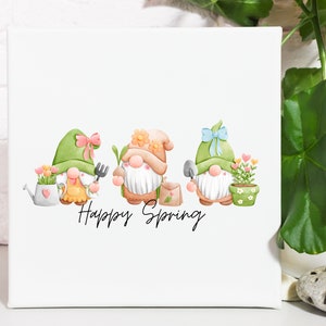 Happy Spring Gnome Canvas Wall Art ǀ Spring Decor ǀ Cute Garden Gnomes Hanging Canvas ǀ 12x12 ǀ 16x16