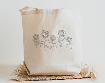 Minimalist Sunflower Floral Line - Umweltfreundliche Einkaufstasche Nachhaltige Baumwolle
