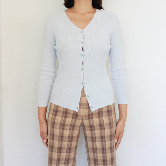90s Vintage baby blue ribbed Cardigan Top