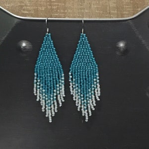 Pretty fringe seed bead earrings, blue and light gray