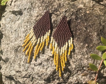 Brown and mustard seed bead earrings