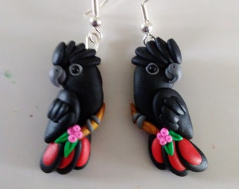Red-tailed Black Cockatoo earrings in polymer clay. Made to order. msg if you prefer gold hooks