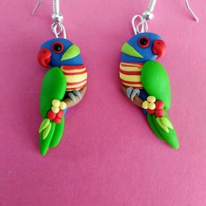 Boucles d'oreilles Loriquet arc-en-ciel faites main en argile polymère.