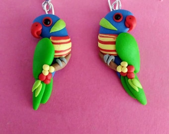 Rainbow Lorikeet earrings handmade in polymer clay.