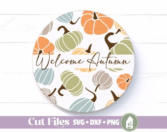 Welcome Autumn SVG, Fall Front Door Sign SVG, Round Sign SVG, Pumpkins svg, Commercial Use, Digital Cut Files