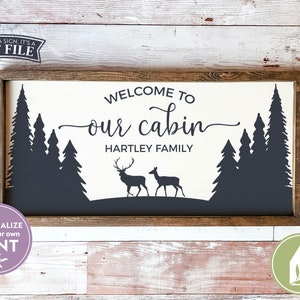 Fichiers SVG, svg Bienvenue dans notre cabine, nom de famille, svg cerf, chasse svg, svg à l'extérieur, svg automne, usage commercial, téléchargement immédiat