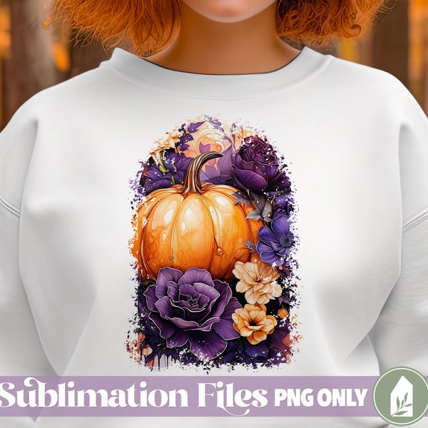 Purple & Orange Flowers Fall Sublimation, Fall Pumpkins PNG, Autumn PNG, Halloween Designs for Shirts, Commercial Use, Digital Print Files