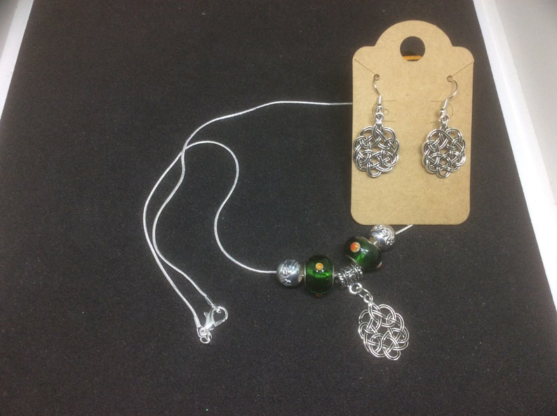 Handcrafted Celtic Knot Jewelry Set Silver Tone NecklacePierced Earrings
