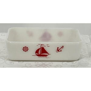 Vtg McKee Milk Glass Sailbot Loaf Pan 1940s 5"x8"