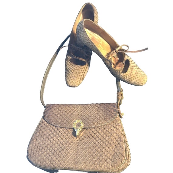 Vintage Felipe Snakeskin Brown Bag and Shoes 6 1/… - image 1