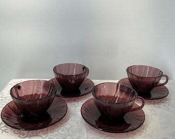 Duralex Rivage Amethyst Glass Teacups & Saucers Set/4