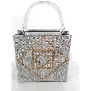 Vintage Handgemachte Geometrische Design Handtasche Silber und Gold Faden Mit Acryl Griffen
