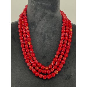 Vintage Multi-Strand Red Beaded Necklace With Hook Closure