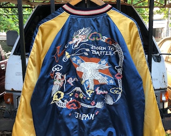 Rara giacca vintage reversibile Sukajan Souvenir "Born to Battle" taglia L