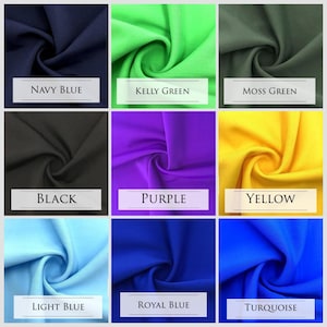 Puede incluir: Un collage de nueve muestras de tela en diferentes colores, incluyendo azul marino, verde Kelly, verde musgo, negro, morado, amarillo, azul claro, azul real y turquesa.