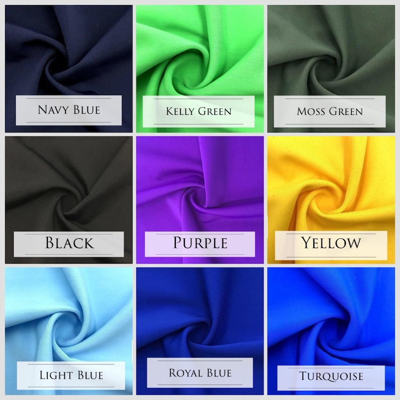 Puede incluir: Un collage de nueve muestras de tela en diferentes colores, incluyendo azul marino, verde Kelly, verde musgo, negro, morado, amarillo, azul claro, azul real y turquesa.