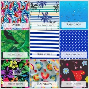 Puede incluir: Nueve muestras de tela diferentes con varios patrones, incluyendo remolino, rayas de palmeras, gota de lluvia, hoja tropical, rayas azules, lunares azules, flores brillantes, arco&iacute;ris y corazones y flores.