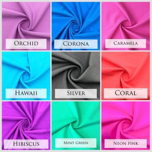 Puede incluir: Nueve muestras de tela en diferentes colores, incluyendo orqu&iacute;dea, corona, caramella, hawaii, plata, coral, hibisco, verde menta y rosa ne&oacute;n. Las muestras est&aacute;n dispuestas en una cuadr&iacute;cula de 3x3.