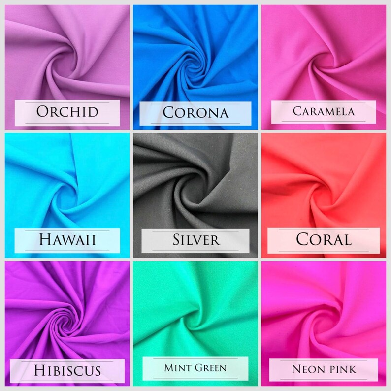 Puede incluir: Nueve muestras de tela en diferentes colores, incluyendo orqu&iacute;dea, corona, caramella, hawaii, plata, coral, hibisco, verde menta y rosa ne&oacute;n. Las muestras est&aacute;n dispuestas en una cuadr&iacute;cula de 3x3.