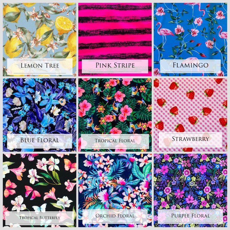 Puede incluir: Nueve muestras de tela con diferentes patrones, incluyendo un limonero, rayas rosas, flamencos, flores azules, flores tropicales, fresas, mariposas tropicales, flores de orqu&iacute;deas y flores moradas.