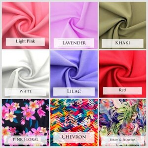 Puede incluir: Un collage de nueve muestras de tela que muestran diferentes colores y patrones. Las muestras incluyen rosa claro, lavanda, caqui, blanco, lila, rojo, floral rosa, chevron y p&aacute;jaros y flores.