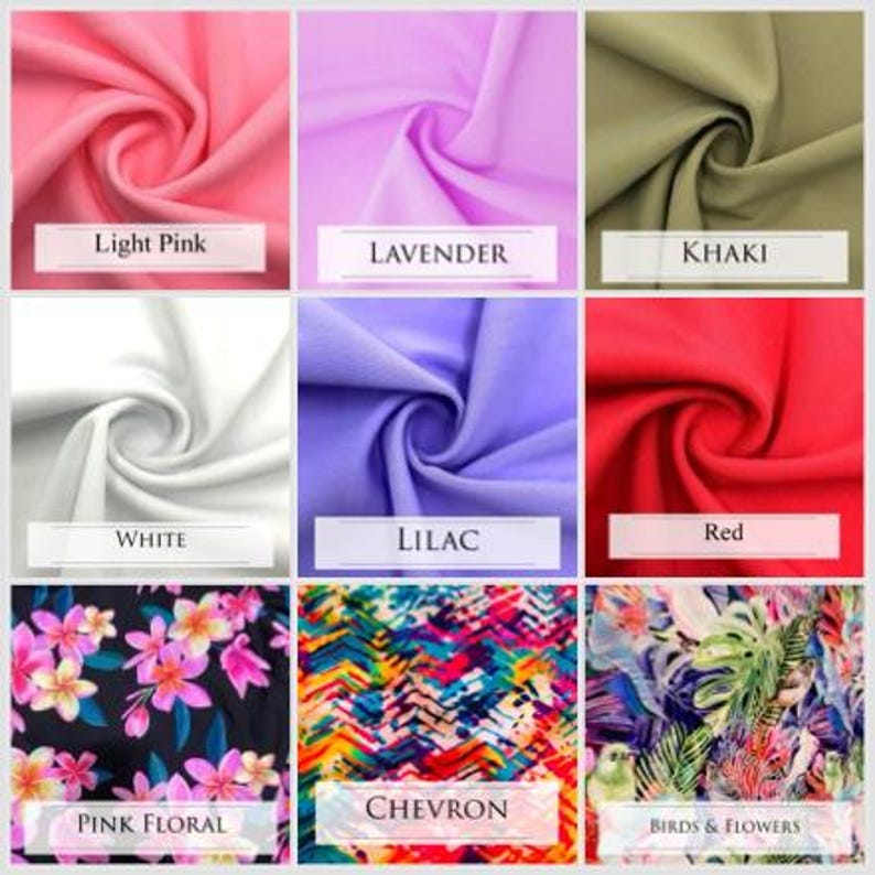 Puede incluir: Un collage de nueve muestras de tela que muestran diferentes colores y patrones. Las muestras incluyen rosa claro, lavanda, caqui, blanco, lila, rojo, floral rosa, chevron y p&aacute;jaros y flores.