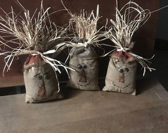 Set of 3 Primitive Scarecrow Thanksgiving Halloween bowl fillers, shelf sitter, ornie, tuck.