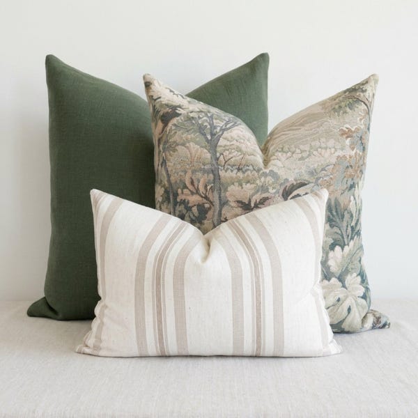 Green Botanical Pillow Combination: Designer Vintage Inspired Tapestry Pillow Covers