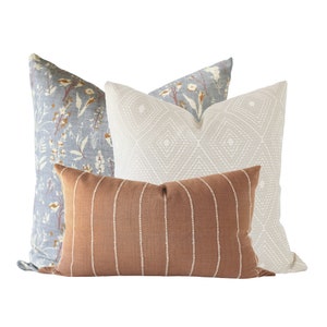 Pillow Combination Set, Wildflower Pillow, Rust Linen Pillow Cover, Modern Farmhouse, Diamond Pattern Pillow, Designer Pillow Covers