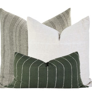 Green Pillow Combination Set, Stripe Textured Pillow, Earthy Pillow Covers, Hmong Fabric Pillow, Textured Plaid PIllows, Designer Pillows