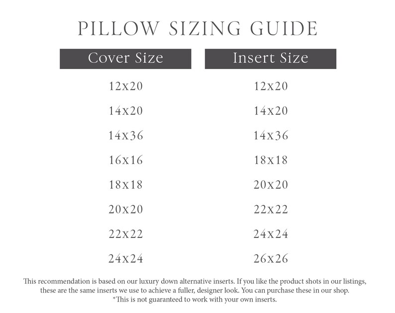 May include: A pillow sizing guide with a white background and black text. The guide lists cover sizes and insert sizes, including 12x20, 14x20, 14x36, 16x16, 18x18, 20x20, 22x22, and 24x24 inches. The guide also includes a disclaimer.
